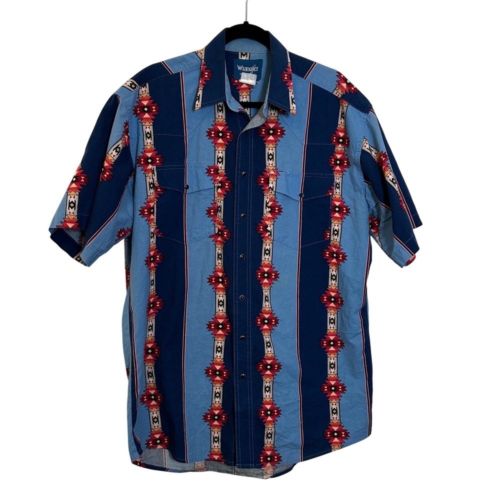 Vintage Wrangler Western Snap Front Shirt Size XL Blue Southwestern Cowboy Rodeo